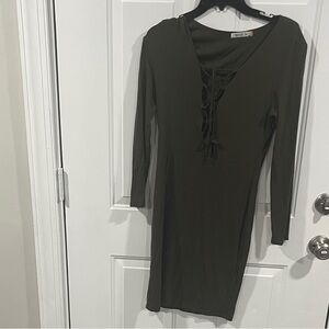 Elegant Olive Green Lace-Up Dress